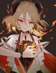 Rule 34 | 1girl, arknights, awa iro, black background, black shirt, blonde hair, clutching chest, commentary, demon girl, demon horns, fire, grimace, horns, ifrit (arknights), infection monitor (arknights), jacket, looking at viewer, material growth, orange eyes, oripathy lesion (arknights), shirt, short sleeves, short twintails, simple background, solo, twintails, upper body, white jacket