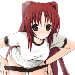 Rule 34 | 00s, 1girl, bent over, blush, brown eyes, buruma, buruma pull, clothes pull, gym uniform, kakifly, kousaka tamaki, long hair, lowres, pulling own clothes, red hair, simple background, solo, to heart (series), to heart 2, undressing, white background