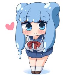 Rule 34 | 1girl, alternate breast size, arms behind back, blue eyes, blue hair, blue sailor collar, blue skirt, blush, bow, breasts, brown footwear, chibi, closed mouth, collarbone, colored shadow, commentary request, double bun, full body, hair bun, half slime-chan, hana kazari, heart, kneehighs, large breasts, leaning forward, long hair, looking at viewer, monster girl, original, pleated skirt, red bow, sailor collar, school uniform, serafuku, shadow, shirt, shoes, sidelocks, skirt, slime girl, smile, socks, solo, standing, white background, white shirt, white socks