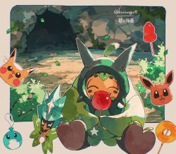 Rule 34 | :d, candy apple, cave, closed eyes, commentary request, creatures (company), day, eating, eevee, falling leaves, food, game freak, gen 1 pokemon, gen 3 pokemon, happy, highres, holding, kinchaku, leaf, mask, nagakura (seven walkers), nintendo, no humans, ogerpon, ogerpon (teal mask), open mouth, outdoors, pikachu, pokemon, pokemon (creature), pouch, sitting, smile, solo, spheal