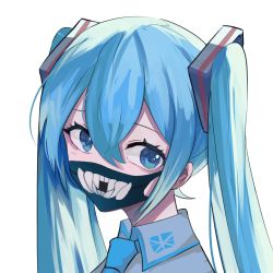 Rule 34 | 1girl, absurdres, blue eyes, blue hair, blue necktie, collared shirt, commentary, eyebrows hidden by hair, gomiyama, hair between eyes, hatsune miku, highres, long hair, looking at viewer, mask, mouth mask, necktie, portrait, shirt, simple background, solo, teeth print, twintails, vocaloid, white background, white shirt