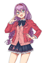 Rule 34 | 1girl, absurdres, bespectacled, black bow, black bowtie, blue skirt, bow, bowtie, braid, breast pocket, cardigan, floral print, g9 (jiiku), glasses, green eyes, hair ornament, hairband, hairclip, hand on own hip, hand up, highres, jacket, long hair, nail polish, nijisanji, open mouth, pink cardigan, pocket, purple hair, purple nails, red-framed eyewear, red hairband, red jacket, sakura ritsuki, sakura ritsuki (sakura internet uniform), simple background, skirt, solo, twin braids, virtual youtuber, white background