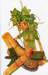 Rule 34 | 1girl, blush, boots, brown hair, buttons, food, green shirt, high heels, highres, leaf, long hair, looking at viewer, okama, okamax, plant, red eyes, salad, scan, shirt, short sleeves, shorts, simple background, sitting, smile, solo, vegetable, very long hair, white background