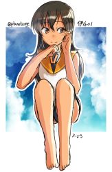 Rule 34 | 10s, 1girl, bad id, bad pixiv id, brown eyes, brown hair, foro (planet cage), hair down, i-401 (kancolle), kantai collection, looking away, one-piece swimsuit, personification, school swimsuit, school uniform, short hair, sketch, smile, solo, swimsuit, swimsuit under clothes, tan, twitter username