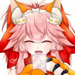 Rule 34 | 1girl, :3, animal ears, animal hands, bell, cellphone, closed eyes, collar, fangs, fate/grand order, fate (series), fox ears, hair ribbon, heart, long hair, neck bell, open mouth, phone, pink hair, ribbon, simple background, smartphone, solo, tamamo (fate), tamamo cat (fate), tamamo no mae (fate/extra), white background