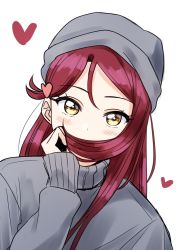 Rule 34 | 1girl, blush, covering own mouth, deadnooodles, grey hat, grey shirt, hair ornament, hair over mouth, hat, heart, heart hair ornament, long hair, long sleeves, looking at viewer, love live!, love live! sunshine!!, red hair, sakurauchi riko, shirt, simple background, solo, turtleneck, upper body, white background, yellow eyes