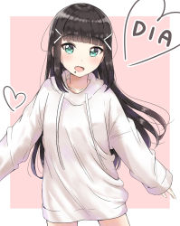 Rule 34 | 1girl, :d, aqua eyes, black hair, blunt bangs, blush, character name, collarbone, drawstring, hair ornament, hairclip, heart, hood, hood down, hoodie, kurosawa dia, long hair, long sleeves, looking at viewer, love live!, love live! sunshine!!, mole, mole under mouth, no pants, open mouth, oversized clothes, pink background, sin (sin52y), smile, solo, white hoodie
