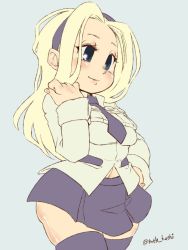 Rule 34 | 1girl, blonde hair, blue background, blue eyes, blush, filia (skullgirls), hairband, hand on own hip, hand up, highres, long hair, mtk hoshi, navel, necktie, parted lips, pleated skirt, school uniform, skindentation, skirt, skullgirls, smile, solo, thick thighs, thighhighs, thighs, aged down