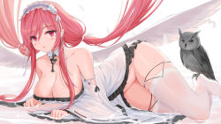 Rule 34 | 1girl, absurdres, azur lane, bare shoulders, bird, breasts, cleavage, detached collar, dress, feathered wings, frilled dress, frills, highres, key, large breasts, long dress, long hair, looking at viewer, lying, no panties, on side, owl, perseus (azur lane), pink eyes, pink hair, qianqiu wanxia, skindentation, solo, strapless, strapless dress, thighhighs, twintails, very long hair, white dress, white thighhighs, wide sleeves, wings