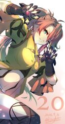 Rule 34 | 1girl, ahoge, antenna hair, brown hair, claw pose, claws, countdown, crop top, dated, eiyuu densetsu, floating hair, gradient background, green eyes, hair between eyes, highres, judith ranster, kai no kiseki, kuro no kiseki (series), long hair, looking at viewer, navel, one eye closed, parted bangs, sidelocks, signature, simple background, solo, strapless, thighhighs, tinybiard, tube top, twitter username