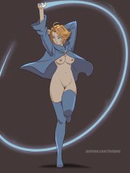 Rule 34 | 1girl, blonde hair, blue eyes, breasts, castlevania (series), castlevania (netflix), hotgum, medium breasts, open clothes, pussy, short hair, standing, standing on one leg, sypha belnades, thighhighs