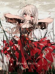 Rule 34 | 1girl, artist name, bad id, bad pixiv id, dress, english text, flower, hand on own neck, light smile, long hair, looking at viewer, original, qtonagi, red eyes, rose, sky, smile, solo, standing, white hair