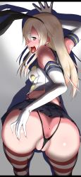 Rule 34 | 10s, 1girl, absurdres, amano don, anus, anus only, ass, ass focus, ass grab, backless panties, bad id, bad pixiv id, blonde hair, blush, brown eyes, elbow gloves, from behind, gloves, grabbing own ass, heart, heart-shaped pupils, highres, kantai collection, long hair, looking at viewer, looking back, naughty face, panties, partially visible vulva, shimakaze (kancolle), solo, striped clothes, striped thighhighs, symbol-shaped pupils, thighhighs, thong, tongue, uncensored, underwear, v-string, wedgie