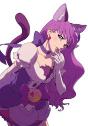 Rule 34 | 10s, 1girl, :p, animal ears, cat ears, cat tail, choker, collarbone, cure macaron, earrings, elbow gloves, food-themed hair ornament, gloves, hair ornament, jewelry, kirakira precure a la mode, kotozume yukari, long hair, looking at viewer, macaron hair ornament, magical girl, precure, purple choker, purple hair, simple background, solo, tail, tongue, tongue out, uyoshi, white background, white gloves