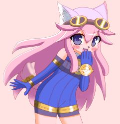 Rule 34 | 1girl, artist request, blush, chocolat gelato, dog, female focus, furry, furry female, goggles, goggles on head, highres, little tail bronx, long hair, open mouth, pink hair, purple eyes, simple background, smile, solatorobo, solo, very long hair