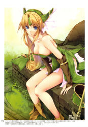 Rule 34 | 1girl, between legs, blonde hair, blue eyes, boots, breasts, bridal gauntlets, brown footwear, brown sleeves, cleavage, collarbone, detached sleeves, dress, green dress, green hairband, hair between eyes, hair intakes, hairband, hand between legs, highres, kirishima satoshi, long hair, looking at viewer, medium breasts, outdoors, page number, parted lips, riesz, scan, seiken densetsu, seiken densetsu 3, short dress, side slit, sitting, sleeveless, sleeveless dress, smile, solo, striped clothes, striped dress, very long hair, white background