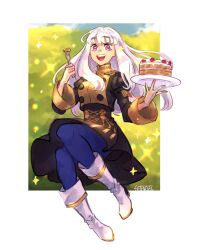 Rule 34 | 1girl, artist name, boots, border, breasts, cake, fire emblem, fire emblem: three houses, food, fork, full body, garreg mach monastery uniform, highres, holding, holding fork, holding plate, long hair, long sleeves, lysithea von ordelia, nintendo, open mouth, pantyhose, pink hair, plate, sethkiel, small breasts, solo, teeth, tongue, watermark, white border, white hair