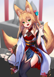 Rule 34 | 1girl, :d, animal ears, armpit crease, bare shoulders, black thighhighs, blonde hair, blurry, coat, collarbone, depth of field, dress, fox ears, fox girl, fox tail, garter straps, green hair, highres, holding, japanese clothes, kokonoe tsubaki, long hair, long sleeves, looking at viewer, multiple tails, obi, off shoulder, open clothes, open coat, open mouth, original, pelvic curtain, red dress, sash, smile, solo, standing, tail, talisman, thighhighs, thighs, two tails, v-shaped eyebrows, white coat, wide sleeves, yoshizawa tsubaki