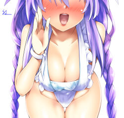 Rule 34 | 1girl, apron, braid, breasts, hair ornament, hidden eyes, highres, kurozero, long hair, medium breasts, naked apron, neptune (series), open mouth, power symbol, purple hair, purple heart (neptunia), skindentation, smile, solo, symbol-shaped pupils, thighhighs, twin braids, twintails, very long hair, white thighhighs