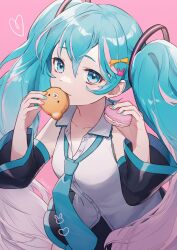 Rule 34 | 1girl, aqua eyes, aqua hair, aqua nails, aqua necktie, ashika (yftcc948), bare shoulders, black skirt, black sleeves, collarbone, collared shirt, commentary, detached sleeves, food, food in mouth, grey shirt, hair between eyes, hair ornament, hairclip, hands up, hatsune miku, heart, highres, holding, holding food, long hair, looking at viewer, loose necktie, macaron, multicolored hair, multicolored nails, nail polish, necktie, pink background, pink hair, pink nails, shirt, skirt, sleeveless, sleeveless shirt, solo, symbol-only commentary, twintails, upper body, very long hair, vocaloid, wide sleeves
