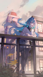 Rule 34 | 1girl, :o, against railing, black footwear, black pantyhose, blue eyes, blue hair, blue nails, boots, braid, building, commentary request, crossed arms, from below, full body, grey skirt, hair ribbon, highres, lamppost, leaning forward, against railing, lee (saraki), long hair, long sleeves, looking at viewer, nail polish, original, outdoors, pantyhose, plant, railing, ribbon, saraki, sidelocks, signature, skirt, solo, sweater, thigh strap, very long hair, white ribbon, white sweater, wind, window