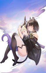 Rule 34 | 2girls, :&lt;, absurdres, animal ears, arknights, ass, bare shoulders, barefoot, between legs, black choker, black dress, black hair, blonde hair, blush, blush stickers, cat ears, cat girl, cat tail, character request, choker, closed eyes, closed mouth, dress, full body, gradient skin, highres, hug, long sleeves, mandragora (arknights), multiple girls, parted bangs, short dress, tabayashi, tagme, tail, thighhighs, thighlet, wide sleeves