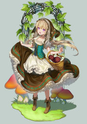 Rule 34 | 1girl, :d, basket, blonde hair, blush, boots, breasts, brown footwear, brown skirt, clothes lift, collarbone, corset, cross-laced footwear, floating hair, food, fruit, full body, geroro, headdress, highres, lace-up boots, leaf, lifted by self, long hair, looking at viewer, mushroom, open mouth, original, petticoat, puffy sleeves, purple eyes, shirt, skirt, skirt lift, small breasts, smile, solo, white shirt