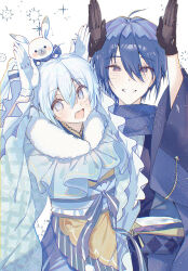 1boy 1girl aqua_hair black_gloves blue_eyes blue_hair blue_kimono blue_scarf commentary drawn_whiskers dress gloves hatsune_miku highres japanese_clothes kaito_(vocaloid) kimono long_hair long_sleeves looking_at_viewer open_mouth rabbit rabbit_yukine ribbon scarf short_hair simple_background smile snowflake_print snowflakes symbol-only_commentary twintails upper_body very_long_hair vocaloid yu_jiang_(kozakana) yuki_kaito yuki_miku