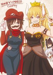 Rule 34 | 4girls, armlet, bare shoulders, black dress, blonde hair, bowsette, bowsette (cosplay), bracelet, breasts, cleavage, collar, cosplay, covered navel, crown, dress, earrings, fake facial hair, fake mustache, feet out of frame, female focus, hat, horns, jewelry, large tail, long hair, looking at viewer, mario, mario (cosplay), mario (series), medium breasts, monster girl, multiple girls, new super mario bros. u deluxe, nintendo, one eye closed, open mouth, ponytail, purple eyes, ruby rose, rwby, sharp teeth, shell, smile, spiked armlet, spiked bracelet, spiked collar, spiked shell, spiked tail, spikes, standing, strapless, strapless dress, super crown, tail, teeth, turtle shell, v, wavy hair, wink, yang xiao long