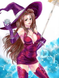 Rule 34 | 1girl, arm belt, bare shoulders, boots, breasts, brown hair, character name, choker, cleavage, cloud, contrapposto, deneb rove, dress, elbow gloves, food, glass pumpkin, gloves, hand on own hip, hat, holding, holding food, holding pumpkin, holding staff, holding vegetable, ink (medium), jack-o&#039;-lantern, kikimimi 612, lips, lipstick, long hair, looking to the side, makeup, microdress, parted lips, pumpkin, purple dress, purple footwear, purple gloves, purple hat, sideboob, smile, solo, staff, standing, star (symbol), strapless, strapless dress, tactics ogre, thigh boots, thighhighs, traditional media, vegetable, very long hair, witch, witch hat, yellow eyes, zettai ryouiki