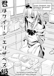 Rule 34 | 10s, 1girl, apron, braid, character name, crown, cutting board, dress, english text, food, french braid, greyscale, jar, kantai collection, kitchen, lineart, long hair, long sleeves, mini crown, monochrome, motoyon, off-shoulder dress, off shoulder, sandwich, smile, solo, translated, warspite (kancolle)