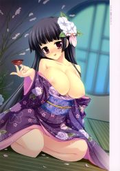 Rule 34 | 1girl, :p, absurdres, alcohol, black hair, breasts, cherry blossoms, cleavage, drunk, flower, flower on head, hair flower, hair ornament, highres, hime cut, itou life, japanese clothes, kimono, knees together feet apart, large breasts, nipples, open clothes, open shirt, red eyes, sake, shirt, sweatdrop, tatami, tongue, tongue out