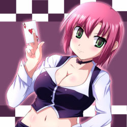 Rule 34 | 1girl, ace (playing card), ace of hearts, breasts, card, choker, cleavage, croupier, dutch angle, green eyes, heart, holding, holding card, jun (aoerm), large breasts, navel, pink hair, playing card, rio rollins, solo, super blackjack