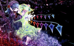 Rule 34 | 00s, 2girls, alternate costume, barefoot, blonde hair, blue hair, chain, cradle (circle), crossover, dark, dress, eye contact, eyelashes, feathers, flandre scarlet, flower, gothic lolita, hairband, highres, jewelry, lolita fashion, long sleeves, looking at another, multiple girls, nail polish, red eyes, red nails, remilia scarlet, ring, rose, rozen maiden, scan, short hair, siblings, sisters, suigintou, touhou, wings, wreath