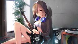 Rule 34 | 10s, 1girl, bra, breasts, brown hair, candy, cleavage, ear piercing, electric guitar, green eyes, guitar, hair down, headphones, highres, hood, hoodie, idolmaster, idolmaster cinderella girls, idolmaster cinderella girls starlight stage, instrument, kimura natsuki, lollipop, looking at viewer, official art, open clothes, parted lips, phonograph, piercing, sitting, smile, solo, speaker, underwear