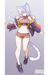 Rule 34 | 1girl, absurdres, animal ear fluff, animal ears, bare shoulders, blue hair, breasts, cat ears, cat tail, commentary, commentary request, electricity, closed eyes, facial scar, full body, fur trim, groin, highres, jacket, large breasts, midriff, navel, off shoulder, original, ribbed sweater, ryota tentei, scar, scar on cheek, scar on face, short hair, short shorts, shorts, solo, sweater, sweater, tail, tora tentei, turtleneck