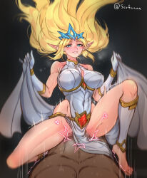 Rule 34 | 1boy, 1girl, aqua eyes, armor, artist name, bare shoulders, barefoot, blonde hair, blush, breasts, cape, cape lift, clothes grab, clothes lift, clothing cutout, cowgirl position, crown, dress, elbow gloves, elf, foot out of frame, from below, girl on top, gloves, grin, half-closed eyes, hetero, highres, janna (league of legends), knee up, large breasts, league of legends, long hair, looking at viewer, male pubic hair, naughty face, pointy ears, pov, pov crotch, pov hands, pubic hair, scofa, seductive smile, sex, shin guards, sitting, sitting on person, sleeveless, sleeveless dress, smile, solo focus, spread legs, straddling, teeth, thighhighs, vaginal, waist cape, white armor, white cape, white dress, white gloves