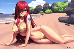 Rule 34 | 1girl, arm support, arm tattoo, artist name, beach, bikini, blue sky, breasts, brown eyes, bush, cloud, day, erza scarlet, fairy tail, feet out of frame, gold bikini, hair over one eye, highres, large breasts, long hair, looking at viewer, lying, navel, ocean, on side, outdoors, parted lips, red hair, rock, rocky-ace, sand, sky, solo, stomach, swimsuit, tattoo, tree, very long hair, wet