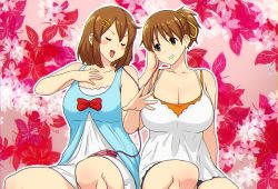 Rule 34 | 2girls, aged up, alternate breast size, blush, bow, breasts, brown eyes, brown hair, cleavage, closed eyes, erkaz, feet out of frame, hair ornament, hair ribbon, hairclip, highres, hirasawa ui, hirasawa yui, k-on!, large breasts, medium breasts, medium hair, multiple girls, open mouth, outline, ponytail, red bow, ribbon, short hair, sitting, smile, white outline, yellow ribbon