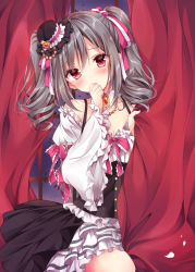 Rule 34 | 10s, 1girl, blush, bow, breasts, brooch, cleavage, curtains, detached collar, drill hair, frilled ribbon, frills, hat, idolmaster, idolmaster cinderella girls, jewelry, kanzaki ranko, lolita fashion, long hair, looking at viewer, necklace, nogi takayoshi, red eyes, ribbon, silver hair, small breasts, solo, twin drills, twintails, window