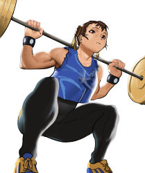 Rule 34 | 1girl, barbell, biceps, black bodysuit, blue tank top, bodysuit, brown eyes, brown hair, capcom, cessa, chun-li, commentary, commission, crop top, double bun, english commentary, exercising, fingernails, from below, hair bun, hair ribbon, muscular, muscular female, ribbon, shoes, short hair, skin tight, sneakers, solo, street fighter, street fighter zero (series), striped, studded bracelet, sweat, tank top, unitard, vertical stripes, weightlifting, white background, yellow footwear