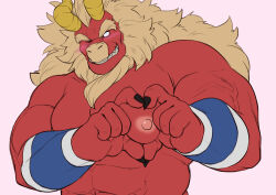 Rule 34 | 1boy, absurdres, bara, beard, blank eyes, blush, colored skin, curled horns, demon boy, demon horns, facial hair, flat color, forked eyebrows, furry, furry male, gardie (otsukimi), heart, heart hands, highres, horns, huge eyebrows, large pectorals, lion hair, long hair, male focus, muscular, muscular male, nipples, nude, one eye closed, original, otsukimi, pectorals, red skin, seductive smile, smile, solo, unfinished, upper body