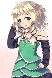 Rule 34 | 10s, 1girl, armpits, bare shoulders, black bullet, blonde hair, blue eyes, blush, collarbone, dress, eyebrows, female focus, frills, green dress, hair ornament, hand on head, highres, looking at viewer, messy hair, normaland, open mouth, short hair, short hair with long locks, simple background, solo, standing, tina sprout, x hair ornament