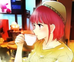 Rule 34 | 1girl, absurdres, arima kana, brown sweater, coffee, coffee cup, cup, disposable cup, drinking, hair behind ear, hat, highres, holding hands, open mouth, oshi no ko, red eyes, red hair, short hair, signature, sweater, yurigera 8959