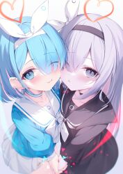 Rule 34 | 2girls, ;(, ;), absurdres, arona (blue archive), black choker, black coat, black hairband, black serafuku, blue archive, blue eyes, blue hair, blue serafuku, blush, braid, breast press, cheek-to-cheek, choker, coat, from above, gou 213, hair over one eye, hair ribbon, hairband, halo, heads together, heart, heart halo, highres, holding hands, interlocked fingers, leaning forward, leaning on person, long hair, long sleeves, looking at viewer, looking up, medium hair, miniskirt, multicolored hair, multiple girls, neckerchief, one eye closed, open clothes, open coat, pink hair, pink halo, plana (blue archive), pleated skirt, pout, ribbon, school uniform, serafuku, single braid, skirt, smile, symmetrical docking, two-tone hair, very long hair, white hair, white hairband, white neckerchief, white ribbon