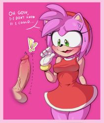 Rule 34 | 1girl, amy rose, animal ears, bare shoulders, blush, border, breasts, cowboy shot, disembodied penis, dress, english text, erection, gloves, green eyes, hairband, hand up, highres, large penis, legs together, looking down, malcontent, medium breasts, nervous, open mouth, penis, pink background, pink border, pink hair, red dress, red hairband, short dress, short hair, simple background, sleeveless, sleeveless dress, smile, solo, sonic (series), standing, sweat, talking, testicles, veins, veiny penis, wavy mouth, white gloves