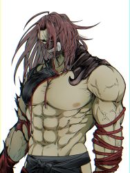 Rule 34 | 1boy, abs, angry, bad id, bad twitter id, bara, bare pectorals, bare shoulders, biceps, brown hair, covered mouth, fate/grand order, fate (series), feet out of frame, hair over one eye, hair undone, highres, hip vent, igote, japanese clothes, large pectorals, male focus, mask, muscular, muscular male, nipples, pectorals, red eyes, red rope, rope, sirigamotimoti, solo, spiked hair, stomach, tanaka shinbei (fate), thick eyebrows, torn clothes, veins, veiny arms