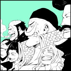 6+boys ^_^ aqua_background bandana blush cigar closed_eyes collared_coat commentary_request edward_newgate erina_(canaliheath) facial_hair fossa greyscale_with_colored_background haruta_(one_piece) high_collar izou_(one_piece) long_mustache multiple_boys mustache namur one_piece pompadour profile simple_background smoke stitched_face stitches thatch