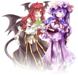 Rule 34 | 2girls, adapted costume, alternate costume, bat wings, book, bow, breasts, clover, collaboration, crescent, demon tail, fang, four-leaf clover, frills, fumitsuki (minaduki 6), hair bow, hair ornament, hat, hat bow, head wings, koakuma, long hair, long sleeves, looking at another, mob cap, multiple girls, mumumu, one eye closed, open mouth, patchouli knowledge, puffy sleeves, purple eyes, purple hair, red eyes, red hair, shirt, skirt, skirt set, smile, striped, tail, touhou, transparent background, vest, wide sleeves, wings