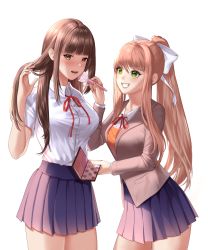 Rule 34 | 2girls, absurdres, blue skirt, blunt bangs, blush, breasts, brown hair, commentary, doki doki literature club, dress shirt, english commentary, genderswap, genderswap (mtf), green eyes, grey jacket, grin, hair ribbon, highres, jacket, large breasts, long hair, long sleeves, looking at another, makeup brush, monika (doki doki literature club), multiple girls, neck ribbon, parted lips, pleated skirt, ponytail, potetos7, protagonist (doki doki literature club), red eyes, red ribbon, ribbon, school uniform, shirt, short sleeves, sidelocks, simple background, skirt, smile, teeth, white background, white ribbon, white shirt, wing collar, yellow eyes